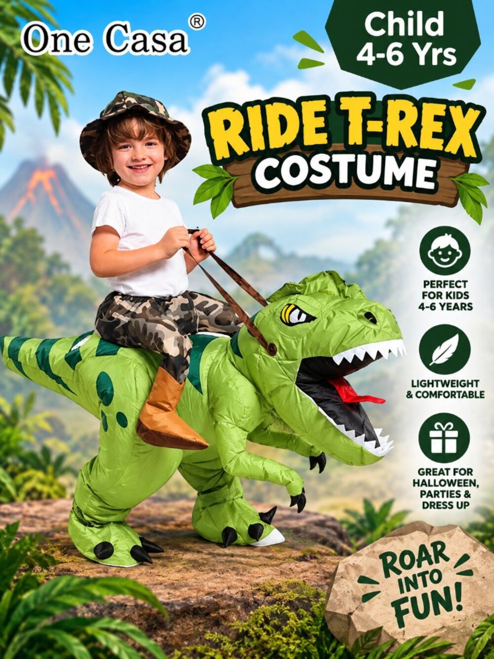 One Casa Kids Inflatable Ride On T-Rex Dinosaur Halloween Costume 4-6 Years